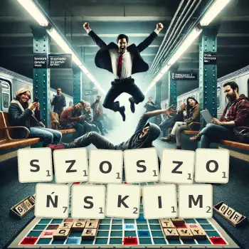 Kreatywna ilustracja do gry w Scrabble ze słowem SZOSZOŃSKIM ułożonym z płytek na planszy.