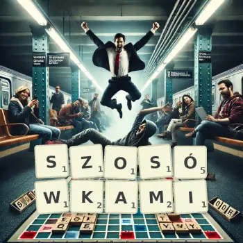 Kreatywna ilustracja do gry w Scrabble ze słowem SZOSÓWKAMI ułożonym z płytek na planszy.
