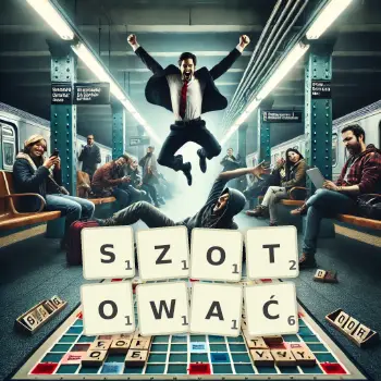 Kreatywna ilustracja do gry w Scrabble ze słowem SZOTOWAĆ ułożonym z płytek na planszy.