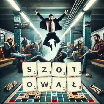 Kreatywna ilustracja do gry w Scrabble ze słowem SZOTOWAŁ ułożonym z płytek na planszy.