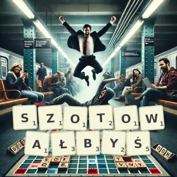 Kreatywna ilustracja do gry w Scrabble ze słowem SZOTOWAŁBYŚ ułożonym z płytek na planszy.