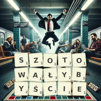 Kreatywna ilustracja do gry w Scrabble ze słowem SZOTOWAŁYBYŚCIE ułożonym z płytek na planszy.
