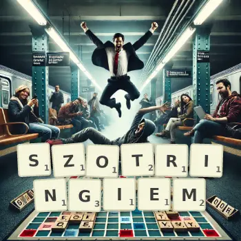 Kreatywna ilustracja do gry w Scrabble ze słowem SZOTRINGIEM ułożonym z płytek na planszy.