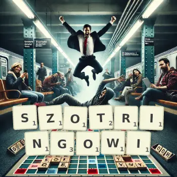 Kreatywna ilustracja do gry w Scrabble ze słowem SZOTRINGOWI ułożonym z płytek na planszy.