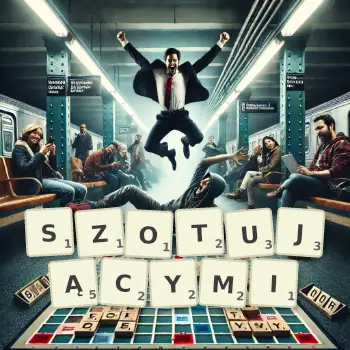 Kreatywna ilustracja do gry w Scrabble ze słowem SZOTUJĄCYMI ułożonym z płytek na planszy.