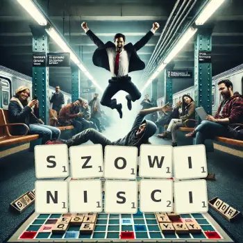Kreatywna ilustracja do gry w Scrabble ze słowem SZOWINISCI ułożonym z płytek na planszy.