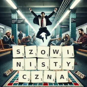 Kreatywna ilustracja do gry w Scrabble ze słowem SZOWINISTYCZNA ułożonym z płytek na planszy.