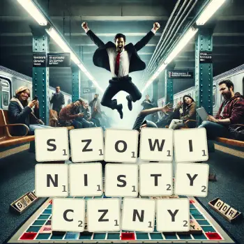 Kreatywna ilustracja do gry w Scrabble ze słowem SZOWINISTYCZNY ułożonym z płytek na planszy.