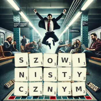 Kreatywna ilustracja do gry w Scrabble ze słowem SZOWINISTYCZNYM ułożonym z płytek na planszy.