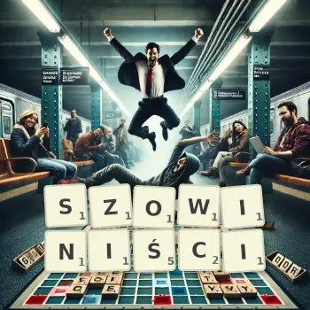 Kreatywna ilustracja do gry w Scrabble ze słowem SZOWINIŚCI ułożonym z płytek na planszy.