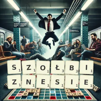 Kreatywna ilustracja do gry w Scrabble ze słowem SZOŁBIZNESIE ułożonym z płytek na planszy.