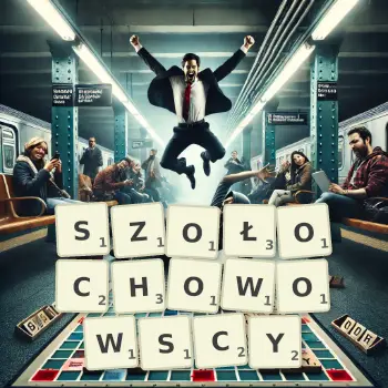 Kreatywna ilustracja do gry w Scrabble ze słowem SZOŁOCHOWOWSCY ułożonym z płytek na planszy.