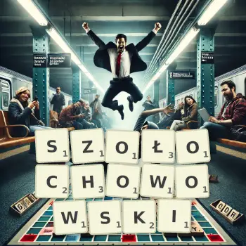 Kreatywna ilustracja do gry w Scrabble ze słowem SZOŁOCHOWOWSKI ułożonym z płytek na planszy.