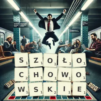 Kreatywna ilustracja do gry w Scrabble ze słowem SZOŁOCHOWOWSKIE ułożonym z płytek na planszy.
