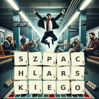 Kreatywna ilustracja do gry w Scrabble ze słowem SZPACHLARSKIEGO ułożonym z płytek na planszy.