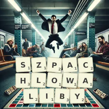 Kreatywna ilustracja do gry w Scrabble ze słowem SZPACHLOWALIBY ułożonym z płytek na planszy.