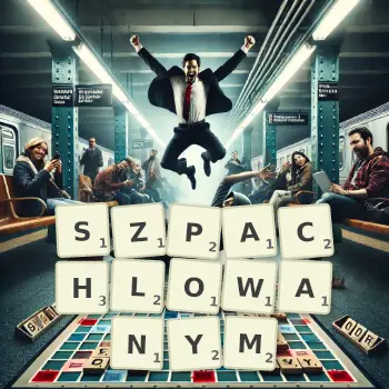Kreatywna ilustracja do gry w Scrabble ze słowem SZPACHLOWANYM ułożonym z płytek na planszy.
