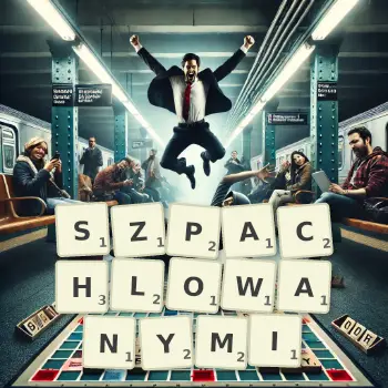 Kreatywna ilustracja do gry w Scrabble ze słowem SZPACHLOWANYMI ułożonym z płytek na planszy.