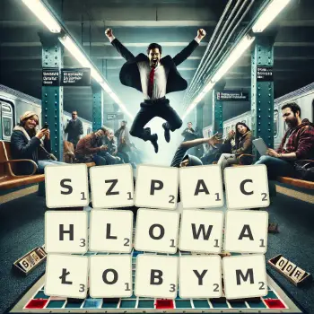 Kreatywna ilustracja do gry w Scrabble ze słowem SZPACHLOWAŁOBYM ułożonym z płytek na planszy.