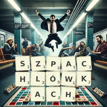 Kreatywna ilustracja do gry w Scrabble ze słowem SZPACHLÓWKACH ułożonym z płytek na planszy.