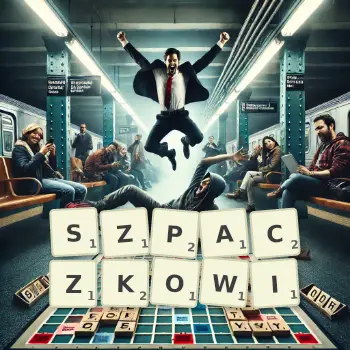 Kreatywna ilustracja do gry w Scrabble ze słowem SZPACZKOWI ułożonym z płytek na planszy.