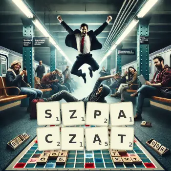 Kreatywna ilustracja do gry w Scrabble ze słowem SZPACZĄT ułożonym z płytek na planszy.