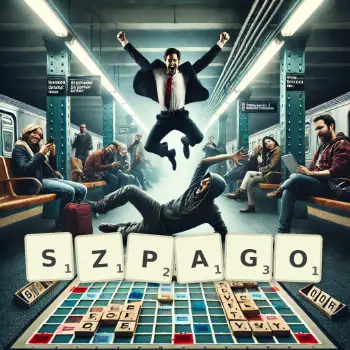 Kreatywna ilustracja do gry w Scrabble ze słowem SZPAGO ułożonym z płytek na planszy.