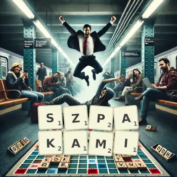 Kreatywna ilustracja do gry w Scrabble ze słowem SZPAKAMI ułożonym z płytek na planszy.