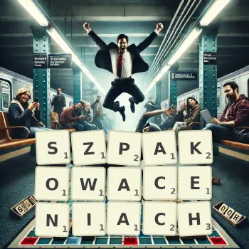 Kreatywna ilustracja do gry w Scrabble ze słowem SZPAKOWACENIACH ułożonym z płytek na planszy.