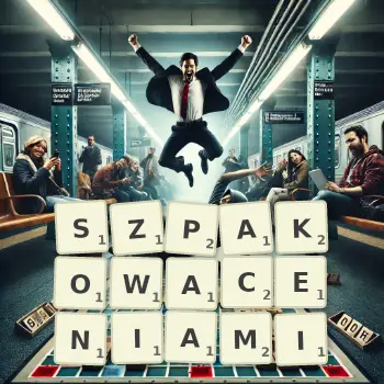 Kreatywna ilustracja do gry w Scrabble ze słowem SZPAKOWACENIAMI ułożonym z płytek na planszy.