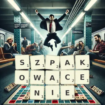 Kreatywna ilustracja do gry w Scrabble ze słowem SZPAKOWACENIE ułożonym z płytek na planszy.