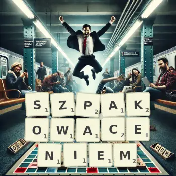 Kreatywna ilustracja do gry w Scrabble ze słowem SZPAKOWACENIEM ułożonym z płytek na planszy.