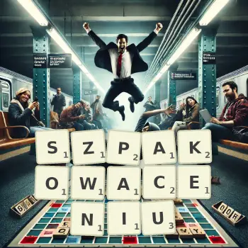 Kreatywna ilustracja do gry w Scrabble ze słowem SZPAKOWACENIU ułożonym z płytek na planszy.