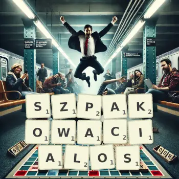 Kreatywna ilustracja do gry w Scrabble ze słowem SZPAKOWACIALOS ułożonym z płytek na planszy.