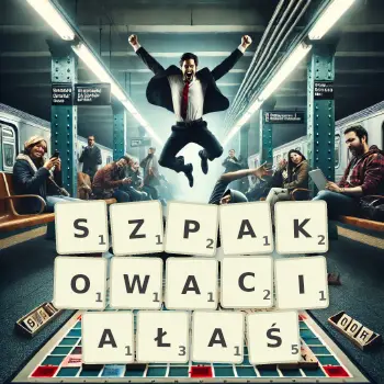 Kreatywna ilustracja do gry w Scrabble ze słowem SZPAKOWACIAŁAŚ ułożonym z płytek na planszy.