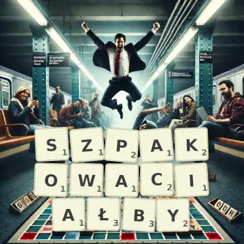 Kreatywna ilustracja do gry w Scrabble ze słowem SZPAKOWACIAŁBY ułożonym z płytek na planszy.