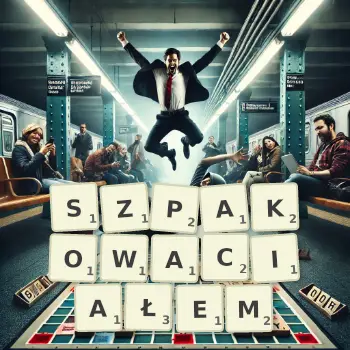 Kreatywna ilustracja do gry w Scrabble ze słowem SZPAKOWACIAŁEM ułożonym z płytek na planszy.