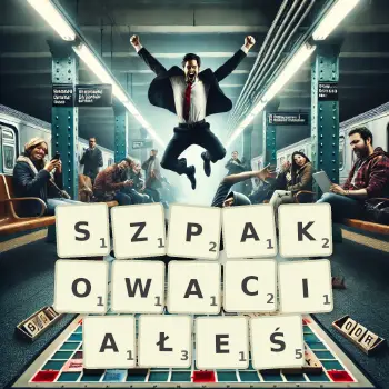 Kreatywna ilustracja do gry w Scrabble ze słowem SZPAKOWACIAŁEŚ ułożonym z płytek na planszy.