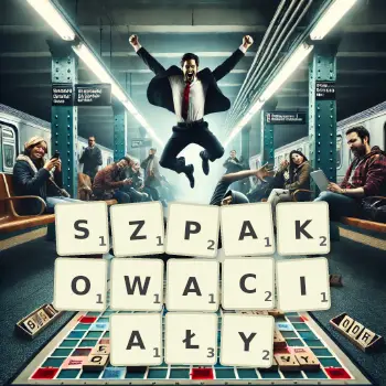 Kreatywna ilustracja do gry w Scrabble ze słowem SZPAKOWACIAŁY ułożonym z płytek na planszy.