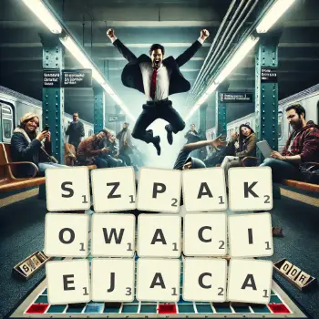 Kreatywna ilustracja do gry w Scrabble ze słowem SZPAKOWACIEJACA ułożonym z płytek na planszy.