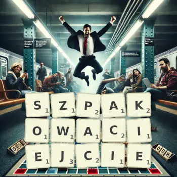 Kreatywna ilustracja do gry w Scrabble ze słowem SZPAKOWACIEJCIE ułożonym z płytek na planszy.