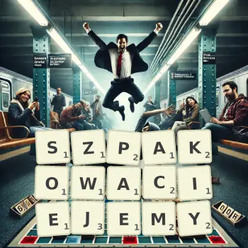Kreatywna ilustracja do gry w Scrabble ze słowem SZPAKOWACIEJEMY ułożonym z płytek na planszy.