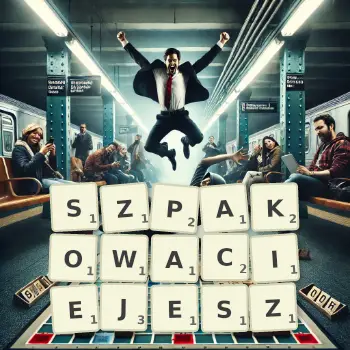 Kreatywna ilustracja do gry w Scrabble ze słowem SZPAKOWACIEJESZ ułożonym z płytek na planszy.
