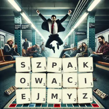 Kreatywna ilustracja do gry w Scrabble ze słowem SZPAKOWACIEJMYZ ułożonym z płytek na planszy.