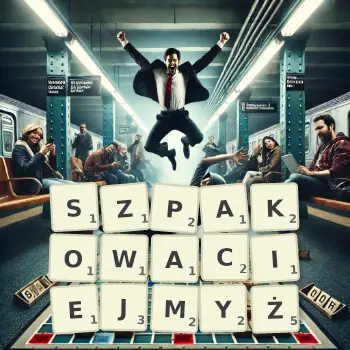 Kreatywna ilustracja do gry w Scrabble ze słowem SZPAKOWACIEJMYŻ ułożonym z płytek na planszy.