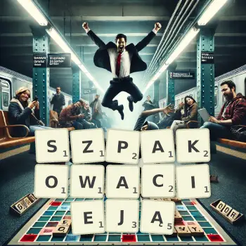 Kreatywna ilustracja do gry w Scrabble ze słowem SZPAKOWACIEJĄ ułożonym z płytek na planszy.