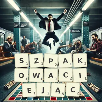 Kreatywna ilustracja do gry w Scrabble ze słowem SZPAKOWACIEJĄC ułożonym z płytek na planszy.