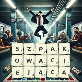 Kreatywna ilustracja do gry w Scrabble ze słowem SZPAKOWACIEJĄCA ułożonym z płytek na planszy.