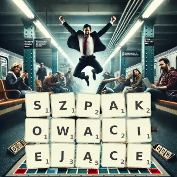 Kreatywna ilustracja do gry w Scrabble ze słowem SZPAKOWACIEJĄCE ułożonym z płytek na planszy.