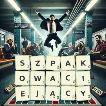 Kreatywna ilustracja do gry w Scrabble ze słowem SZPAKOWACIEJĄCY ułożonym z płytek na planszy.